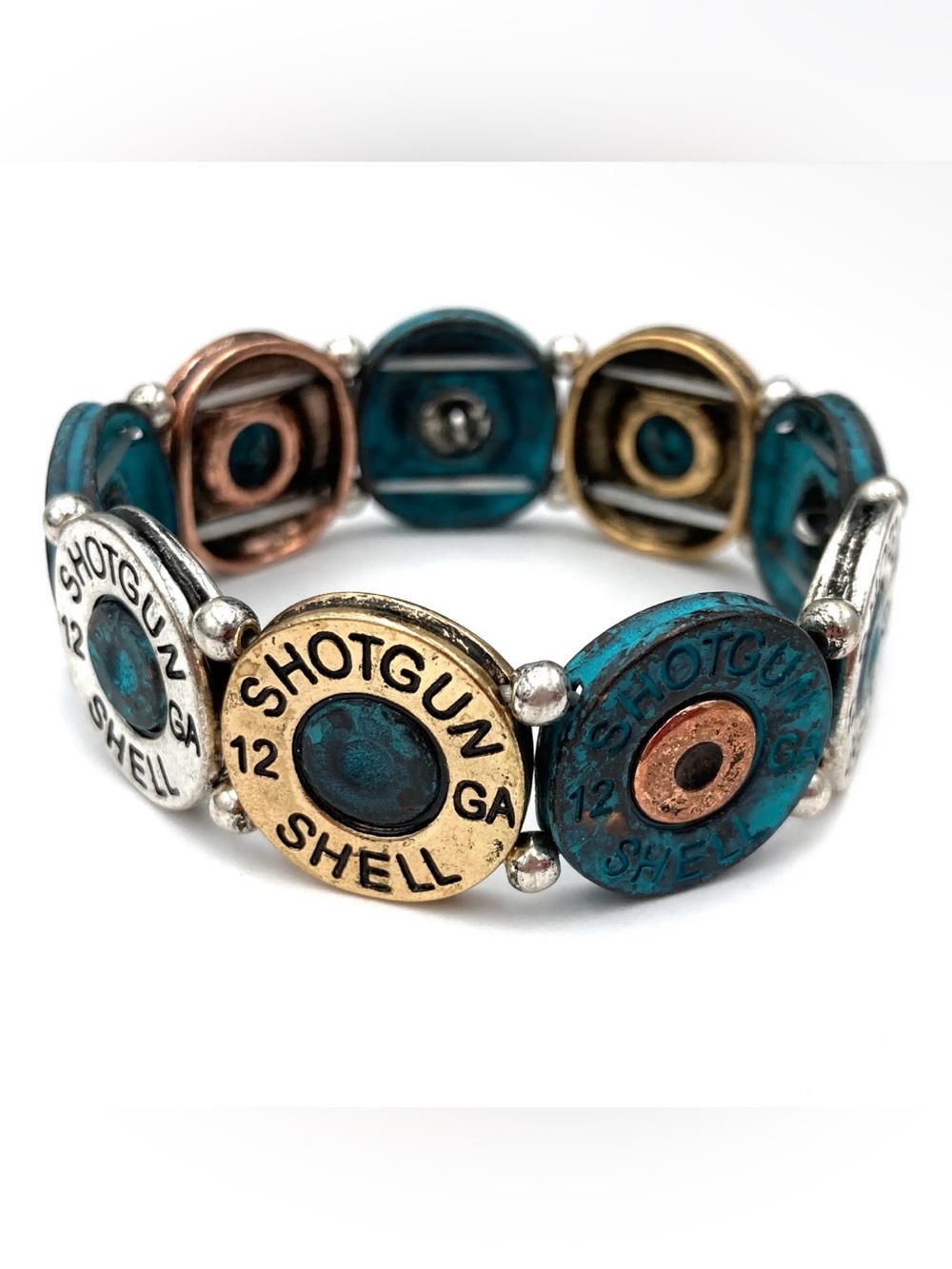 NWT Large Patina 12 GA Shotgun Bullet Shell Stretch Bracelet Metal